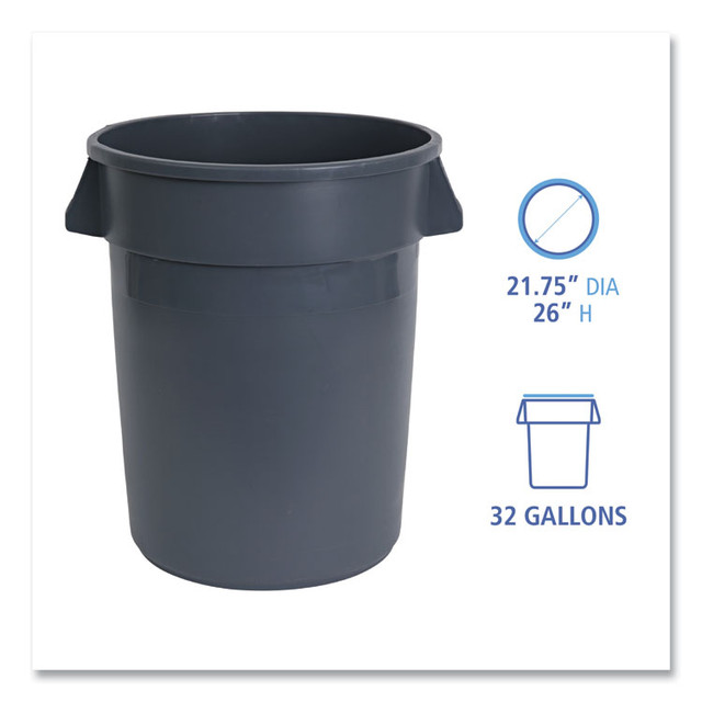 BOARDWALK 32GLWR GRA Round Waste Receptacle, 32 gal, Linear-Low-Density Polyethylene, Gray