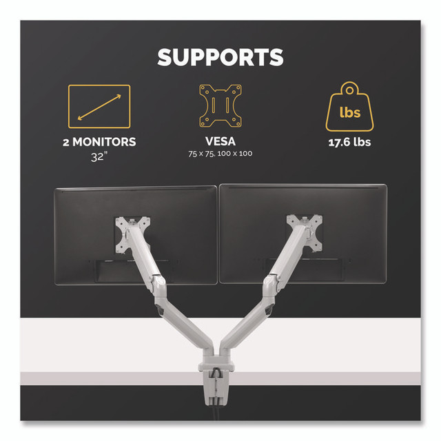 FELLOWES MFG. CO. 8056501 Platinum Series Dual Monitor Arm, For 40" Monitors, 360 deg Rotation, 45 deg Tilt, 180 deg Pan, Silver, Supports 17.6 lb