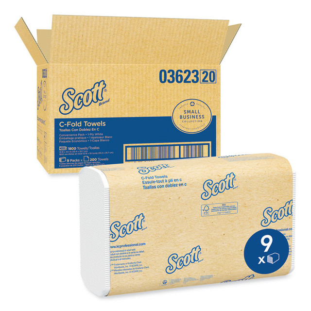 KIMBERLY-CLARK PROFESSIONAL Scott® 03623 Essential C-Fold Towels for Business, Convenience Pack, 1-Ply, 10.13 x 13.15, White, 200/Pack, 9 Packs/Carton