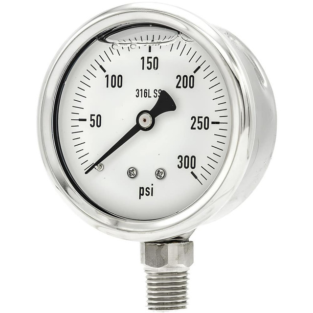 PIC Gauges PRO-301L-254H Pressure Gauges; Gauge Type: Industrial Pressure Gauges ; Scale Type: Single ; Accuracy (%): 2-1-2% ; Dial Type: Analog ; Thread Type: 1/4" MNPT ; Bourdon Tube Material: 316 Stainless Steel