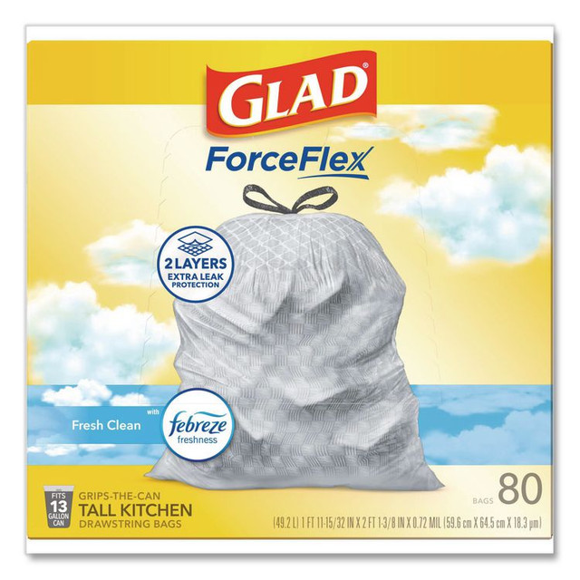 CLOROX SALES CO. Glad® 78899 ForceFlex Kitchen Drawstring Trash Bags, 13 gal, Fresh Clean Scent, 24" x 27.38", White, 80 Bags/Box, 3 Boxes/Carton