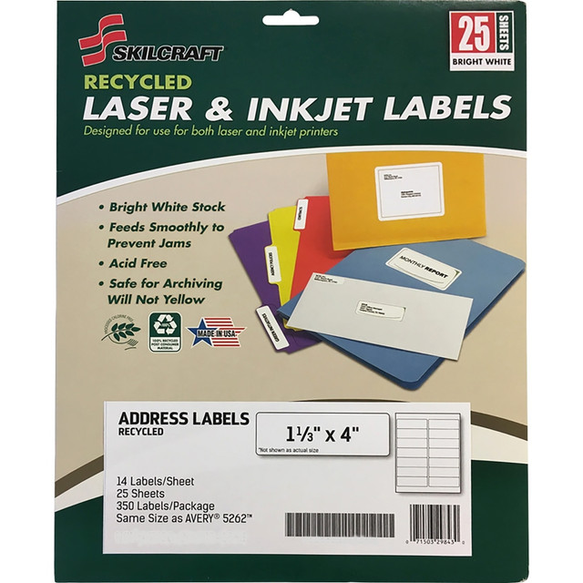 NATIONAL INDUSTRIES FOR THE BLIND 6736514 SKILCRAFT Recycled Address Labels - 1 21/64in Width x 4in Length - Rectangle - Laser, Inkjet - White - Paper - 14 / Sheet - 350 / Pack - TAA Compliant NATIONAL INDUSTRIES FOR THE BLIND 6736514 SKILCRAFT Recycled Address Labels - 1 21/64in Width x 4in Length - Rectangle - Laser, Inkjet - White - Paper - 14 / Sheet - 350 / Pack - TAA Compliant