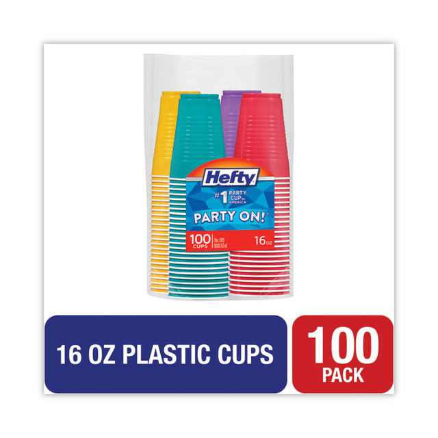 REYNOLDS FOOD PACKAGING Hefty® C21637 Easy Grip Disposable Plastic Party Cups, 16 oz, Assorted Colors, 100/Pack