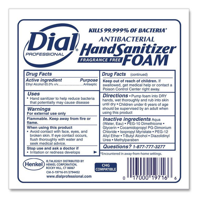 DIAL PROFESSIONAL 19717 Antibacterial Foaming Hand Sanitizer Refill for Dial 1700 Dispenser, 1.2 L Refill, Fragrance-Free, 3/Carton