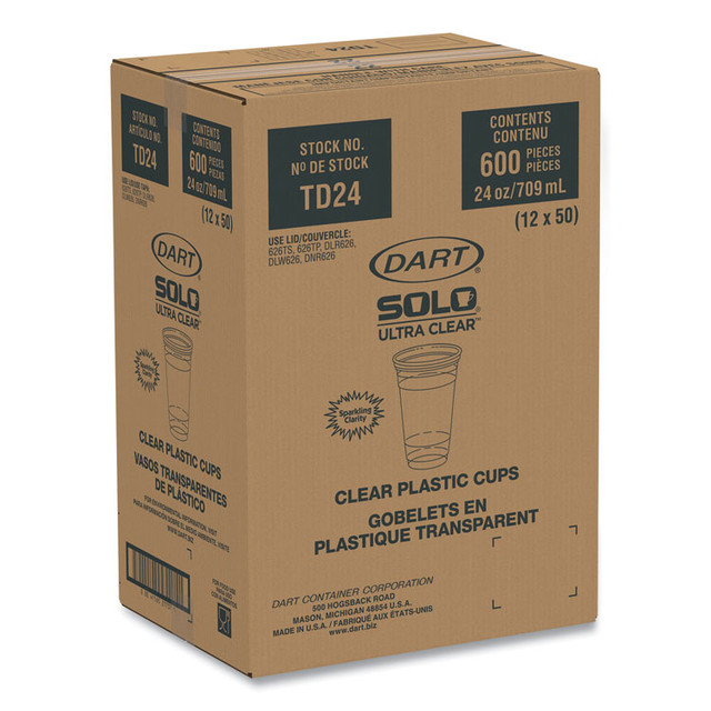 DART TD24 Ultra Clear PET Cold Cups, 24 oz, Plastic, Clear, 50/Sleeve, 12 Sleeves/Carton