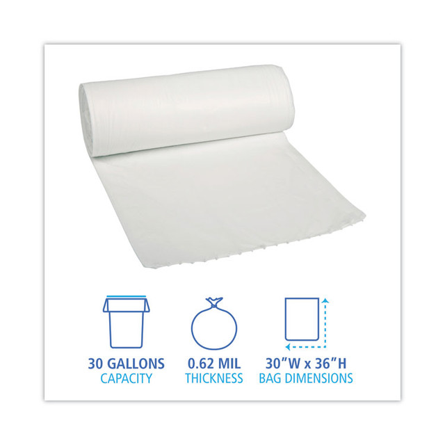BOARDWALK 511 Low-Density Waste Can Liners, 30 gal, 0.5 mil, 30" x 36", White, Perforated Roll, 10 Bags/Roll, 20 Rolls/Carton