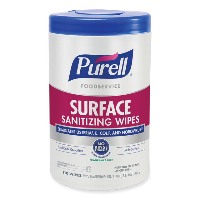 GO-JO INDUSTRIES PURELL® 934106CT Foodservice Surface Sanitizing Wipes, 1-Ply, 10 x 7, Fragrance-Free, White, 110/Canister, 6 Canisters/Carton
