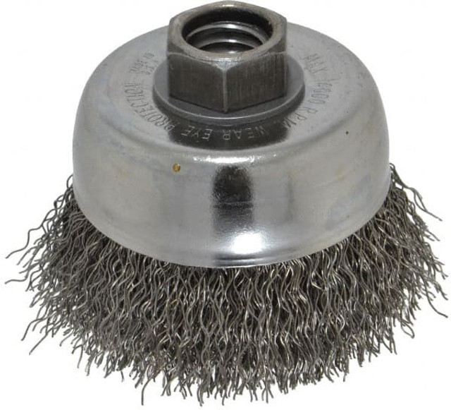 Weiler 93643 Cup Brush: 3" Dia, 0.014" Wire Dia, Steel, Crimped