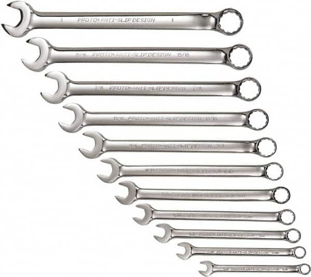 Proto J1200H11T5 Combination Wrench Set: 11 Pc, 1" 1/2" 11/16" 13/16" 15/16" 3/4" 3/8" 5/8" 7/16" 7/8" & 9/16" Wrench, Inch