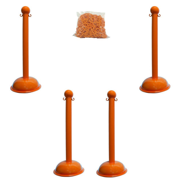 Mr. Chain 71312-4 Stanchion & Chain Kit: Plastic, Orange, 30' Long, 2" Wide