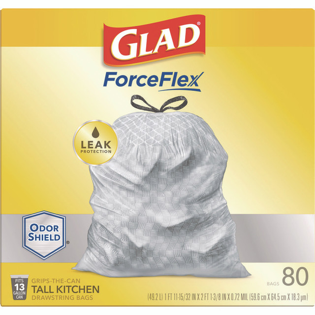 CLOROX SALES CO. Glad® 79009 ForceFlex Kitchen Drawstring Trash Bags, 13 gal, 23.75 x 24.88, White, 240/Carton