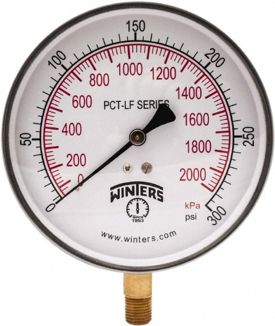 Winters PCT326LF Pressure Gauge: 4-1/2" Dial, 0 to 300 psi, 1/4" Thread, NPT, Lower Mount