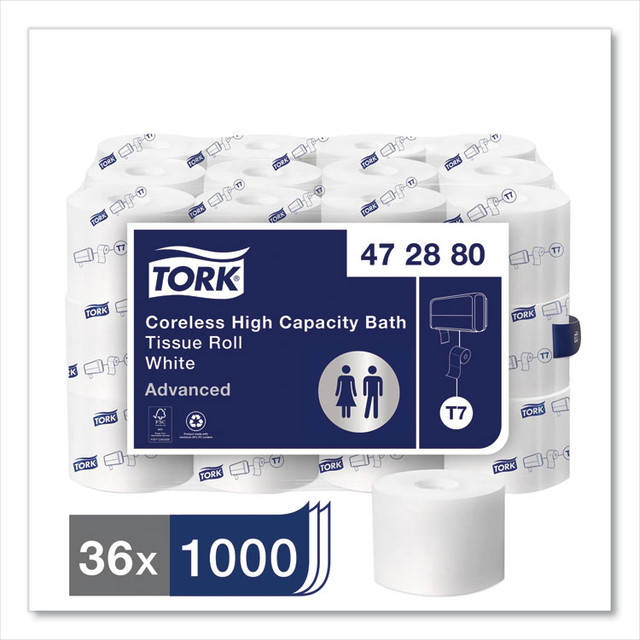 SCA TISSUE Tork® 472880 Advanced High Capacity Bath Tissue, Coreless, Septic Safe, 2-Ply, White, 1,000 Sheets/Roll, 36 Rolls/Carton