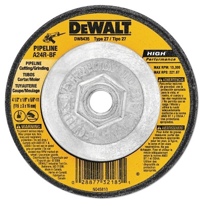 DeWalt® Type 27 Grinding Wheel, 4-1/2 in dia, 5/8 in-11 TPI, 13300 RPM, 24 Grit