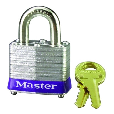 Master Lock® No. 3 Laminated Steel Padlock, 9/32 in dia, 5/8 in W x 3/4 in H Shackle, Silver/Blue, Keyed Different, Varies