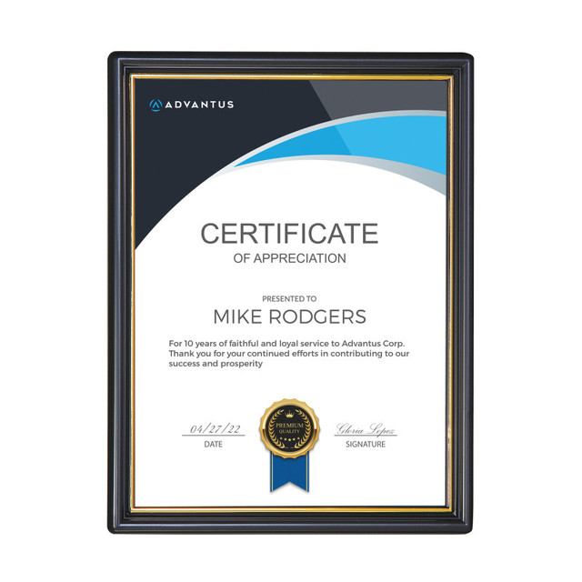 ADVANTUS NuDell EZ Mount Document Frame, Black & Gold Plastic, 8x10 in