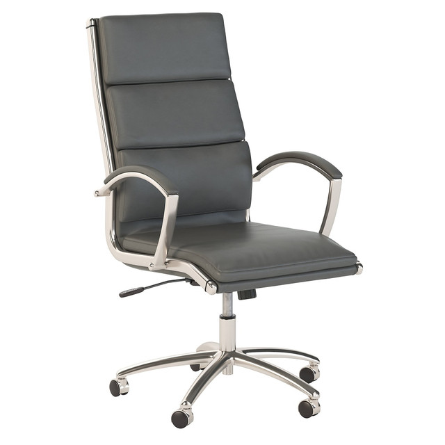 With an elegant design and a variety of color options to choose from, the Modelo High Back Leather Executive Office Chair is the ideal seating solution to reflect your personal sense of style. An attractive combination of leather and chrome guarantees to impress in any workplace, and the cushioned upholstery provides comfort through a full workday.  Overall Dimensions: 24inW x 26 7/9inD x 43inH  Chair weight capacity tested to support 275 lb.  Elegant design with bonded leather upholstery gives the Office Chair an upscale appearance.  Tilt function with tension adjustment lets the user customize the rate and ease of recline.  High back chair limits strain on the upper back, shoulders and neck for all-day use.  Armrests are ergonomically contoured and feature soft padding for maximum comfort.  Chair rolls freely on dual-wheeled casters  360 degree swivel control gives full range of motion.  Choose from 9 unique color options to find the perfect style for your workspace.  Seat measures 20inW x 20inD and adjusts from 19-23inH  Backed by the Bush Business Furniture 5-Year Manufacturers Warranty. For additional information, please visit: www.bushbusinessfurniture.com.ReturnsExchanges  Assembly Required.  Standard Delivery Service. Furniture is delivered unassembled.  Tested to meet ANSI/BIFMA Performance Standards - Manufacturer testing has been conducted on this product to meet specific performance requirements and safety standards set forth by the American National Standards Institute (ANSI) and the Business and Institutional Furniture Manufacturers.