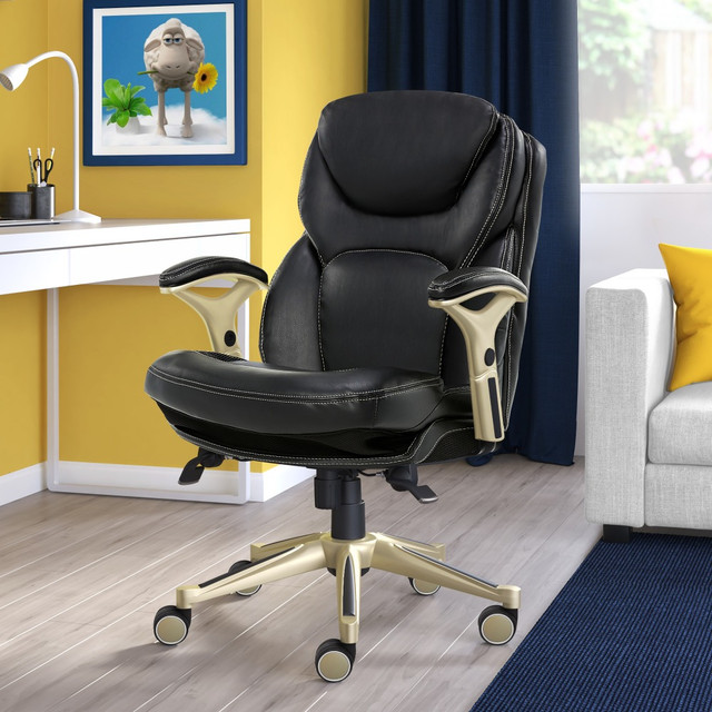 This bonded leather chair features deep layered body pillows to deliver comfort  Overall Dimensions: 40 1/4inH x 26 1/4inW x 27 3/4inD  Features Back in Motion Active Seating Technology. This technology tilts as you lean to provide continuous lumbar support for a healthy neutral posture. Lumbar supports your lower back and enhances the natural curve of your spine.  Elevated and padded headrest offers comfort and improves neck support.  Adjustment control enables correct arm placement.  Ergonomic seat-side controls allows for quick and easy height and tilt adjustment.  This product is heavy and/or oversized and may need more than one person to handle.