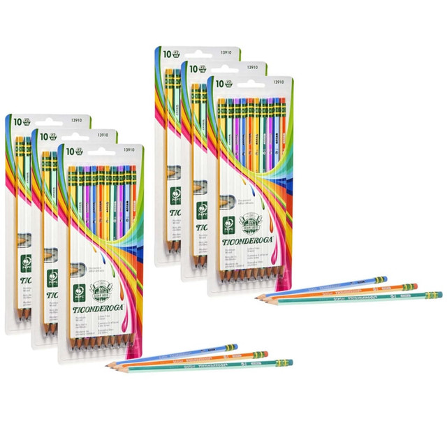 Stock your desk with these Ticonderoga Presharpened Pencils and take notes, doodle and more. The pencils offer graphite cores that deliver smooth lines and come with latex-free erasers to help remove unwanted marks.  Made of premium wood to help prevent breakage and allow even sharpening.  Graphite core helps provide a smooth writing experience.  Latex-free eraser to make corrections without smudging.  Presharpened and ready for use.  Comes with a total of 60 pencils in neon colors.