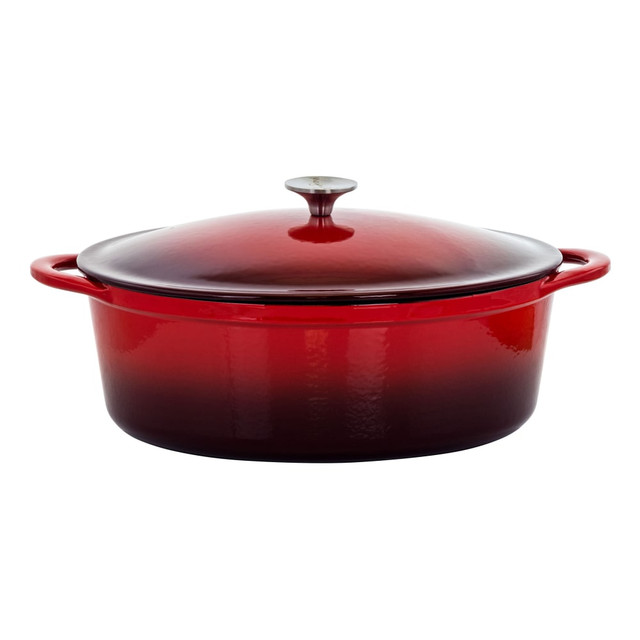 Bake a meal for friends and family with the MegaChef 7-Quart Cast Iron Casserole Dish. Its non-stick coating lets food slide out easily, and the built-in handles help you carry the dish from the kitchen to the table with ease.  Crafted from enameled cast iron.  Non-stick coating.  Built-in handles for easy transport.
