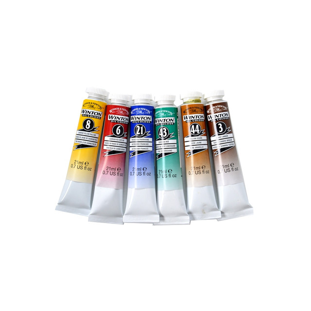 Starter set for newcomers to oil painting  Basic palette contains six 21 mL tubes.  Contains alizarin crimson, burnt umber, cadmium yellow pale hue, French ultramarine, viridian hue and yellow ochre.