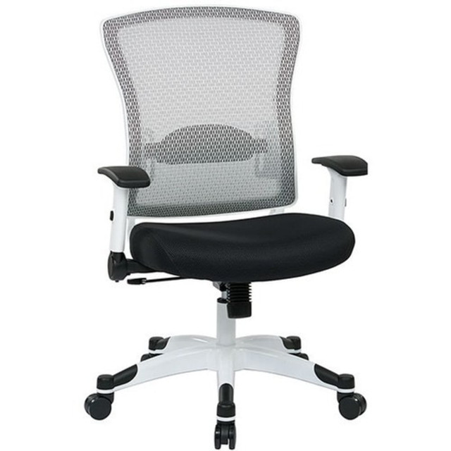 Cutting edge seating arrives in the new white frame managers chair with mesh back and padded mesh seat by Space Seating. Outfitted with a mesh back and customizable lumbar support, this chair conforms to your body while it wicks away moisture. A cushioned mesh seat available in 12 colors allows you to display your own unique style. Designed with a pressurized height adjustment, tilt mechanism, and incline tension control, this chair is customizable for complete comfort. With Multi-directional adjustable armrest, your arms will always work or relax at the perfect level.  Breathable Back with Adjustable Lumbar Support Thick Padded Mesh Seat Pneumatic Seat Height Adjustment Deluxe 2-to-1 Synchro Tilt and Tilt Tension Control Height Adjustable Padded 2-Way Flip Arms Coated Nylon Base with Oversized Dual Wheel Carpet Casters and Black End Caps