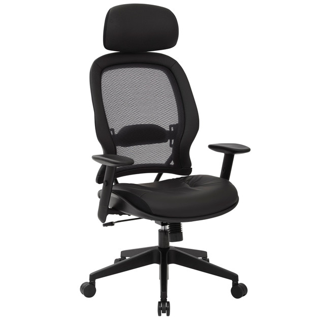 Spruce up your office space with the addition of an Office Star Professional AirGrid Leather High-Back Executive Chair. An office chair with a headrest supports your neck and head during the workday. Tilt, seat height and armrest adjustments help you find the most comfortable working position.  Overall Dimensions: 42inH x 26-1/2inW x 24-3/4inD.  Recommended for performance use 6-8 hours a day.  Weight capacity tested to support 275 lb.  High-back executive office chair.  AirGrid mesh back.  Bonded leather seat executive office chair.  Adjustable lumbar support.  Waterfall seat.  Built-in headrest.  1-touch height adjustments.  Tilt controls.  Height-adjustable, padded armrests.  360 deg. swivel.  Heavy-duty angled nylon base with oversize dual wheel carpet casters.  Assembly required.