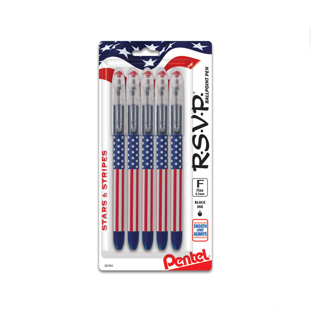 Add a touch of style to your everyday writing with this five-count Pentel R.S.V.P. Stars and Stripes Edition ballpoint pen pack. A 0.7 mm pen point size produces smooth, consistent lines, and the pen is refillable, providing you with a cost-effective option. Black ink flows smoothly onto the page to deliver crisp and clear lines, while a comfortable grip and long barrel ensure a fatigue-free writing experience, allowing you to write for extended periods without discomfort. This Pentel R.S.V.P. Stars and Stripes Edition ballpoint pen pack features a stainless steel tip for precise and accurate writing.  0.7 mm pen point size is perfect for everyday writing tasksBarrel is ribbed for a comfortable grip and effortless writingCompatible with Pentel 0.7 mm refills, a cost-effective option  Refillable - designed to be used repeatedly, helping you avoid single-use disposables and potentially save money.