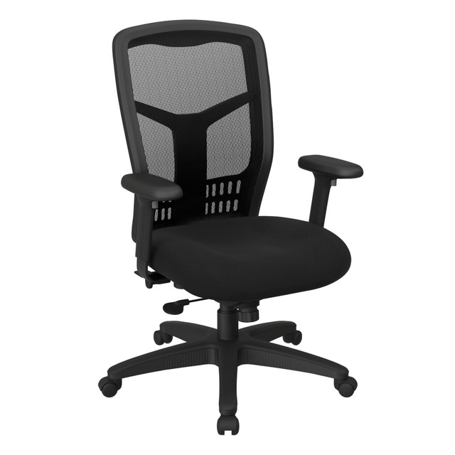 Stay comfortable and productive throughout the workday while seated in the attractive Office Star ProGrid Mesh High-Back Managers Chair. The foam saddle seat flexes and conforms to your bodys micro-movements, distributing weight evenly to help reduce fatigue and muscle pain. A mesh-back office chair offers proper airflow to help you stay cool.  Overall Dimensions: 43-1/2inH x 26-1/2inW x 27inD.  Weight capacity tested to support 275 lb.  High-back office chair.  Padded saddle seat.  Mesh-back office chair.  Lumbar support.  Manager chair with waterfall seat.  1-touch seat height adjustments.  3-position locking tilt control.  Adjustable padded armrests.  360 deg. swivel.  Heavy-duty nylon base with dual wheel carpet casters.  Assembly required.