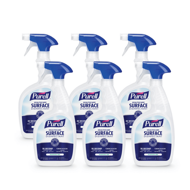 Formulated for convenience and ease-of-use, PURELL Healthcare Surface Disinfectant Spray has powerful germ-kill on the surfaces people touch most - yet is gentle enough to use around sensitive patients. It eliminates 99.9 percent of viruses and bacteria on surfaces, including norovirus, MRSA, VRE, and human coronavirus in 30 seconds with no rinse required. With the EPA's lowest allowable toxicity rating, it delivers the fastest overall disinfection time of any Design for the Environment (DfE) product.  Kills human coronavirus (COVID-19) in 10 seconds  One-step sanitizer and disinfectant offers powerful germ-kill without harsh chemicals to provide a better overall experience for staff and patients  Kills 99.9 percent of viruses and bacteria - including norovirus, MRSA, VRE, and human coronavirus  Proven on most hard and soft surfaces, including privacy curtains, MRI table straps, upholstered furniture, neonatal isolettes, overbed tables, trays, and breakroom counters  No harsh chemicals, no precautionary statements, and no hand washing required after use; EPA Design for the Environment certified and fastest overall disinfection times of any DfE product  Design for the Environment (DfE) certified - meets federal guidelines for safer chemistry.  Less harsh chemicals - made with fewer harsh chemicals, or safer chemicals than typical alternatives, helping  reduce your use of and exposure to substances that may be more harmful to your health and the environment.