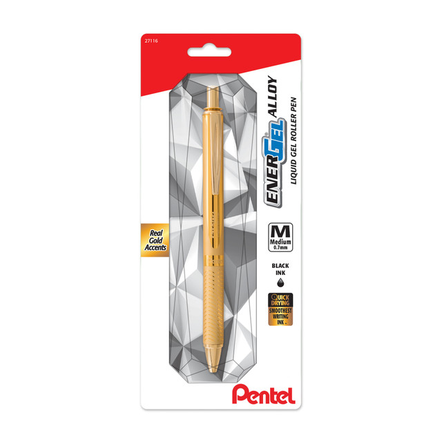 Outline your imagination with this Pentel EnerGel Alloy gel pen. Featuring a distinctive textured grip, this pen is comfortable and offers a firm hold for easy control, while the 0.7mm metal tip withstands daily writing pressure and produces accurate medium lines that stand out on paper. The aluminum alloy barrel adds an exquisite touch of professionalism to your office stationery, and the high-performance gel ink offers a smooth writing experience. This Pentel EnerGel Alloy gel pen features a retractable design to secure the tip and a metal clip to hook to your pocket.  0.7mm metal tip endures regular writing pressure and produces distinct medium linesRetractable tip stays protected against damage when not in useCompatible with Pentel EnerGel gel pen refillsGel ink dries fast to prevent smudges  Refillable - designed to be used repeatedly, helping you avoid single-use disposables and potentially save money.
