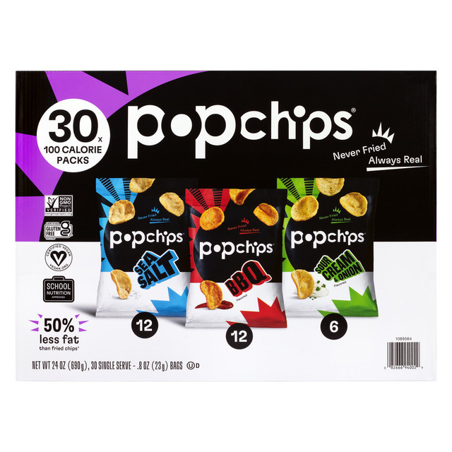 When its snack time, you can reach for a tasty and healthy choice with these popchips snack bags. A mix of mouthwatering flavors will tantalize your taste buds, while the gluten-free and vegan potato chips meet your dietary considerations.  Includes several different flavors, so everyone can find something they like.  Ideal for packing with lunches or office vending machines.  Cholesterol-, gluten-, sugar- and trans fat-free recipe for a healthy snacking option.  Grab a tasty, healthy snack with the 0.8-oz bags.  Simple Ingredients  All Natural  Non GMO  Kosher  Gluten Free