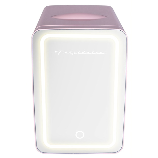 The Frigidaire 0.35 Cu. Ft. Mini Portable Personal Refrigerator With Lighted Mirror Door is highly functional, versatile and compact for use in smaller spaces. It features a lighted mirror and cosmetic-door design for storing makeup and applying it with a well-lit view. The personal fridge can be powered by a home outlet or 12-volt car outlet for portable use.  Fully insulated to cool up to 20 deg.F below ambient room temperature.  Capacity of 10 L or up to 15 cans.  Removable shelf accommodates small items.  Lighted mirror and cosmetic-door design for storing and applying makeup.  Engineered with thermoelectric technology and advanced semiconductors free of CFCs and refrigerants.  Delivers 52W of AC power or 40W of DC power.  Plugs into home outlets and 12-volt car outlets for portable use.  Non-scratch feet help to protect flooring.  Includes a carrying handle, AC power cord and 12-volt DC car adapter.  Backed by the manufacturer's 1-year limited warranty.