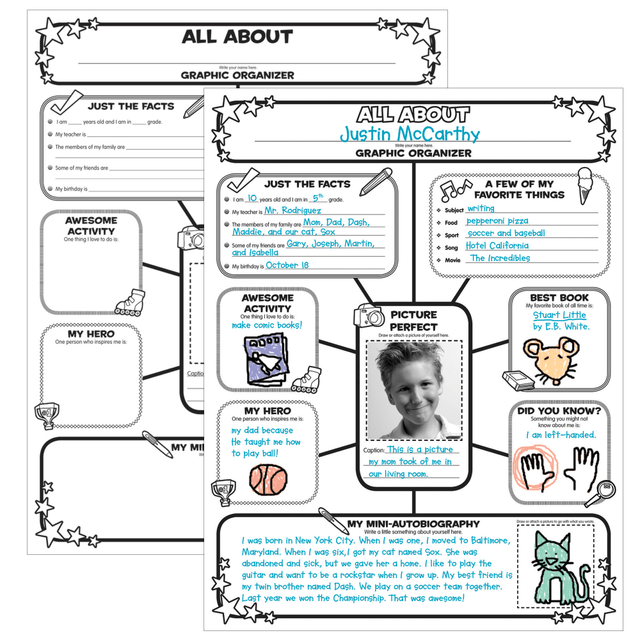 Start the school year right with these irresistible poster templates that prompt children to tell about themselves in words and pictures. Young learners will have blast "tooting their own horns" by filling in favorite animals, foods, colors, books, writing a self-portrait and more.  A great way to build self-esteem, motivate reluctant writers and help kids get acquainted! Includes 12 pieces plus a teaching guide.