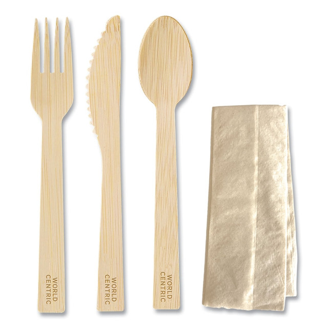 Offer guests durable cutlery with World Centric Bamboo Cutlery. Each piece is individually wrapped for sanitary use.  Ideal for catering, takeout, cafeterias, restaurants, cafes and food trucks.  Made from bamboo for durability.  Contains no added PFAS.  Reusable.  Individually wrapped.  Can be discarded with yard trimmings.  Plant-based content - made using tree-free agricultural products or by-products, helping you support innovative use of plants while reducing use of forests or other resources.