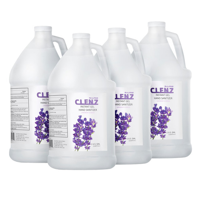 The Alpine Industries CLENZ is your 1 Gal./128 oz. solution for Instant Hand Sanitizer our hand sanitizer will help reduce bacteria that can potentially cause disease and is great for use when soap and water is not available. Effectively eliminates 99.9% of most common harmful germs and bacteria. It is fragrance free, cruelty free, sulfate free, paraben free and phthalate free. Very gentle on hands. This refillable bottle, works with both spray and liquid dispensers. Made with 70% alcohol by volume. The lavender scented sanitizer smells mellow and fresh for a more fragrant antimicrobial. This bottle is gentle on the hands.  Effective at eliminating 99.9% of most common harmful germs and bacteria.  1 Gal. bottles can conveniently be used anywhere.  Fragrance free, cruelty free, sulfate free, paraben free, and phthalate free.  Gentle on hands.  Refillable bottle, works with both spray and liquid dispensers.  70% ethyl alcohol by volume.  Lavender scented.  Pack of 4 single gallon bottles.