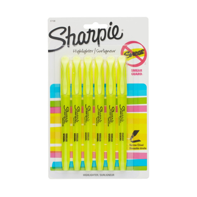 No highlighter shines as bright. Gotta remember this, gotta do that, gotta go there, gotta see everything. Perfect for when info is high priority and precision is a must, Sharpie Pocket Highlighters make everything highly visible. These versatile highlighters are designed to fit effortlessly in your pocket or clip to your shirt, so they are easy to take with you anywhere. With brilliant colors in transparent, quick-drying ink and an easy gliding chisel tip that highlights and underlines both wide and narrow lines of text, Sharpie highlighters make your most important thoughts and notes jump off the page in an array of easy-to-read shades. It"s no wonder why Sharpie is the gotta have highlighter for travel itineraries, camping checklists, escape plans, and the rest of life"s major high points.  Vivid, high-contrast shades add colorful emphasis to highlighted text  Super slim so they"re easy to control, light on your hands, and easy to store, Sharpie Pocket Highlighters are perfect for all-day study sessions  Smearguard ink technology to resist smearing of many pen and marker inks (let ink dry before highlighting)  User-friendly, quick-drying, and odorless AP certified formula  Includes a 6 pack of yellow Sharpie highlighters.  ACMI Certified AP Nontoxic. For detailed information see www.acmiart.org.  Less harsh chemicals - made with fewer harsh chemicals, or safer chemicals than typical alternatives, helping  reduce your use of and exposure to substances that may be more harmful to your health and the environment.