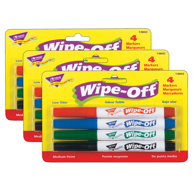 Helps keep classroom surfaces clean and ink free!  Rich colors and a trilingual format add variety and value.  Long-lasting ink wipes clean with a dry tissue.  For use on most Wipe-Off surfaces to help extend learning.  Includes green, red, black and blue markers.  ACMI Certified AP Nontoxic. For detailed information see www.acmiart.org.  Less harsh chemicals - made with fewer harsh chemicals, or safer chemicals than typical alternatives, helping  reduce your use of and exposure to substances that may be more harmful to your health and the environment.