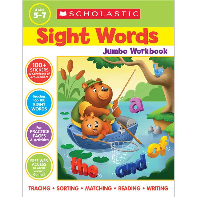 Help kids memorize and master high-frequency sight words with this Scholastic Sight Words Jumbo Workbook. Designed for elementary schoolers, this activity book helps make learning enjoyable.  Helps kids learn the top 100 sight words.  300+ pages are packed with engaging, age-appropriate activities.  Recommended for ages 5 to 7.