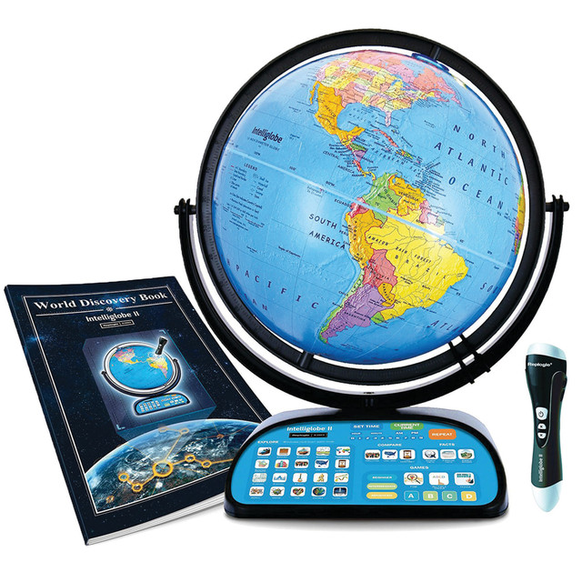 Learn interesting facts about the world around you with the Replogle Intelliglobe II Deluxe Interactive Globe. The interactive Intelli-pen uses microscopic symbols on the globe to tell you geographic facts, trivia, current time and more about the countries you tap.  Designed to teach students geography, political concepts and general information on different countries and continents.  Rechargeable Intelli-pen uses an infrared scanner to read microscopic symbols on the globe whenever you touch an area to give you thousands of facts.  Includes 20 touch-and-explore features such as the current time in various spots around the world and interesting world records.  Play games, trivia and multiple choice challenges.  Includes a 60-page World Discovery Book which can also interact with your Intelli-pen to teach you about world mountain peaks, Olympic games host cities, animals, sky maps and more.