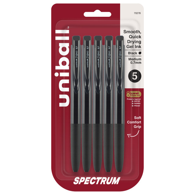 Retractable gel pens add a pop of fun and color to your writing tasks and creative projects  Delivers friction-free lines for super smooth, consistent writing & creating every time  A variety of ink colors offer options to convey your style with a smooth, vibrant appeal  uni Super Ink technology creates a durable bond with the paper, making these retractable gel pens a great choice for long lasting creative work  Rubber grip is ultra-comfortable and allows for precise control as you create  Includes 5 black pens.