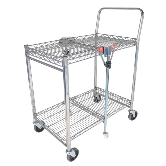 Storage space and location is the number one user issue with current cart designs. Our Bostitch Stowaway Folding Carts have a patented folding design that stores away in 4x less space! An optional wall mount bracket allows for easy storage behind a door or in an open space. It folds and unfolds in a fraction of a second with secure safety locks for the strongest durability. Dual shelves provide 800+ square inches of storage space and can hold up to a massive 400 pounds of storage capacity.  Ideal for use in retail stores, offices, garages, hospitals and more  Patented folding design stores out of the way in 4X less  Folds/unfolds in seconds with secure safety locks  Easily stores behind a door or in open areas  Massive 400-lb storage capacity, 200lbs per shelf  Durable finish for easy cleaning and lifetime durability  6 swivel non-marring caster wheels (two locking) for skid-free maneuverability  Tough, chrome-plated construction for ultimate durability  Dual shelves provide 800+ square inches of storage space