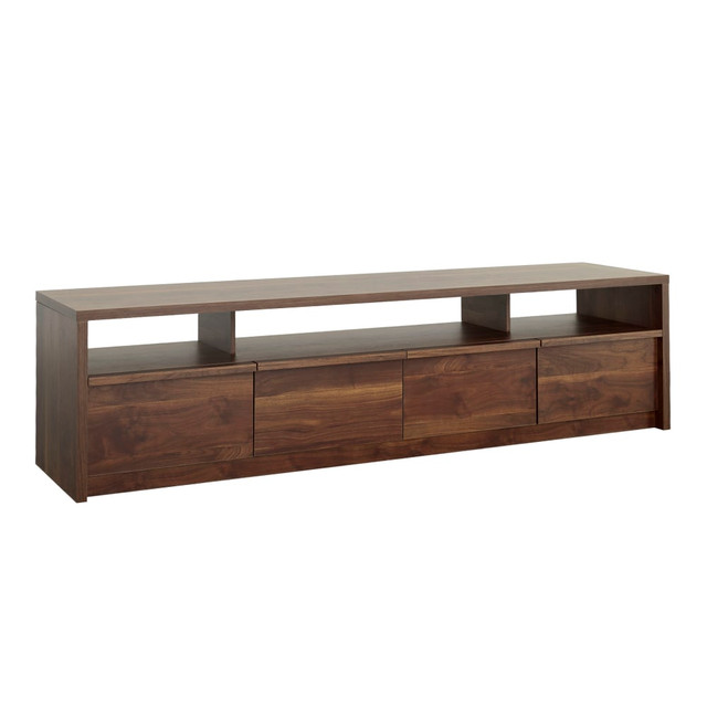 Make your space stand out by adding the Sauder Harvey Park Entertainment Credenza With Drawers For TVs Up To 86in. This entertainment center is made of durable engineered wood, allowing it to accommodate a TV up to 86in. The credenza offers divided shelving and 4 drawers to allow separate storage.  Engineered wood construction.  1in top surface.  Offers divided shelving.  4 drawers with metal runners and safety stops.  Can support a TV up to 86in.  Weight capacity tested to support 135 lb.  Assembly required.  Backed by the manufacturers 5-year limited warranty.  Beautiful Grand Walnut finish.  This product is heavy and/or oversized and may need more than one person to handle.