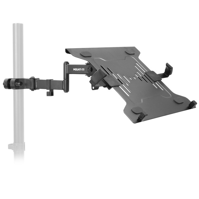 Use the Mount-It! Steel Pole Mount 15.6in Laptop Holder to bring your laptop screen to eye-level. This holder mount is made of durable steel and has a full motion design. The integrated cable management clips help keep your desk organized.  Steel construction withstands wear and tear.  Helps bring your laptop screen to eye-level.  Can also create an ergonomic dual-monitor set up by attaching this universal laptop platform to your existing monitor mount or pole.  Full motion allows for flexible adjustments and easy screen sharing.  Integrated cable management clips keep your desk organized.  Can be easily mounted to any existing pole with a diameter between 1in and 2-3/8in.  Adjustable clamps hold laptops with up to 15.6in screen size securely in place.  Overall dimensions: 6-1/2inH x 11-3/4inW x 13inD.  Weight capacity tested to support up to 9.9 lb.
