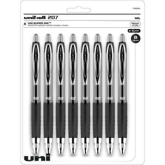 Stay ready to take notes with these Uni-Ball 207 gel pens. The 0.7mm point size requires no force to make vivid marks on a variety of paper surfaces, and a simple click lets this pen extend or retract. A sleek design and the textured grip provide comfort and effortless control, while the translucent window makes it easy to monitor ink levels. With 12 pens in a pack, you can easily grab one before going to class or meeting. These Uni-Ball 207 gel pens feature modern metal accents for easy carrying.  Liquid ink produces water-resistant and fade-resistant documents0.7mm stainless steel tip resists breakageTranslucent window lets you track ink levelsRetractable pens create smooth lines in many paper surfaceQuick-drying formula minimizes the risk of fading  Refillable - designed to be used repeatedly, helping you avoid single-use disposables and potentially save money.