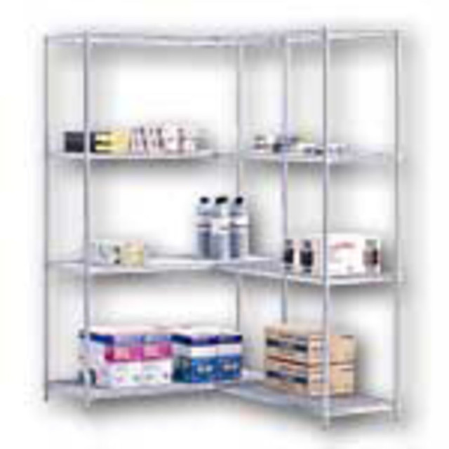 Includes 4 shelves, 2 posts and S-shaped hooks for snap-together assembly  Each shelf supports up to 650 lb (2,600 lb per unit).  Open-wire construction permits air circulation.  Shelves can be adjusted in 1in increments.  Easy assembly without tools.  Starter units and extra shelves sold separately.  GREENGUARD certified - certified for low chemical emissions: UL.COM/GG - UL 2818. Ranked in two tiers: Certified and Gold.  Less harsh chemicals - made with fewer harsh chemicals, or safer chemicals than typical alternatives, helping  reduce your use of and exposure to substances that may be more harmful to your health and the environment.