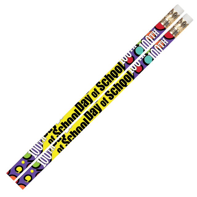 Complete tests and homework assignments with a sturdy Musgrave wood pencil. These Musgrave motivational pencils are great rewards for students that demonstrate positive values or for classroom celebrations.  No. 2 lead helps you create solid marks that are easy to read.  Smooth eraser lets you cleanly remove mistakes.  Round wood construction with a metal ferrule lends a sturdy feel.  100th Day of School design is perfect for your class celebration.