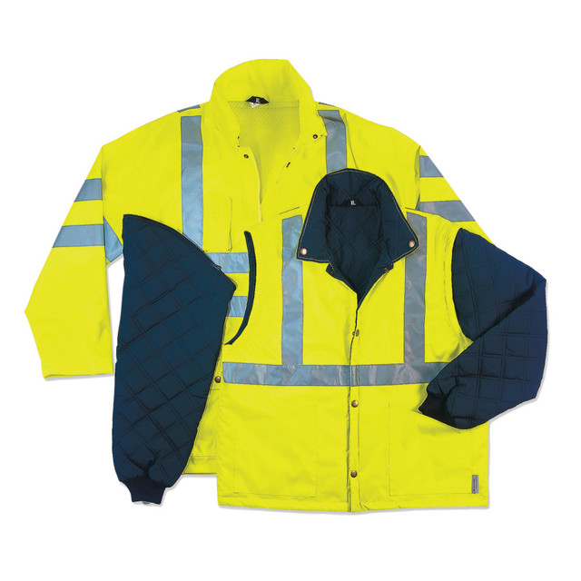 Make sure you stay warm and protected on the job by wearing the Ergodyne GloWear 8385 4-in-1 Jacket. This Type R Class 3 jacket features weatherproof construction and reflective details to help ensure safety during low-light jobs.  Made of weatherproof 300-denier oxford polyester with a breathable PU coating to keep you comfortable.  100 grams of 3M Thinsulate lining on the inner jacket to keep you warm.  2 external front pockets with snap flaps, dual mic tabs for clipping radios and a chest pocket for your phone.  Inner jacket zips out and the sleeves zip off, creating a Class 2 thermal vest.  YKK #5 zippers for secure closure.  2in ANSI-compliant 3M Scotchlite reflective elements help you remain visible.  Inset hood with drawstrings and stoppers.