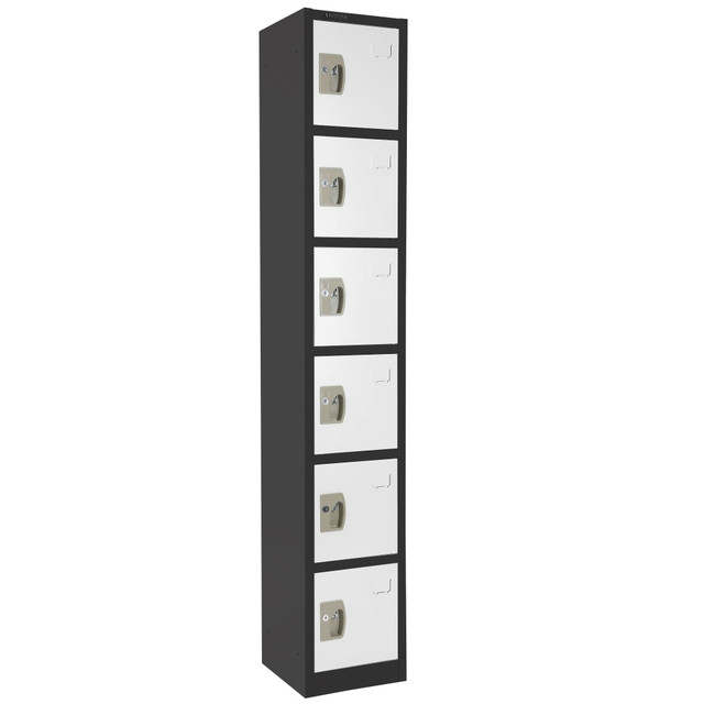 The Alpine 6-Tier Steel Lockers are great for storing sports, classroom or art supplies. These storage lockers are made of heavy-duty steel with rubber feet for durability and sturdiness. The dual locking mechanisms offer security.  Made from heavy-duty steel.  Each locker boasts 6 tiers of built-in shelves with 2 hooks for ample storage.  Vented doors help to reduce bacteria and prevent odor.  Dual-locking mechanisms help keep contents safe.  Name tag slots offer personalization.  Rubber feet on the bottoms provide stability.  Each student locker comes with 2 keys and assembly hardware.  Assembly required.  Backed by the manufacturer's 1-year warranty.  White doors with black body.