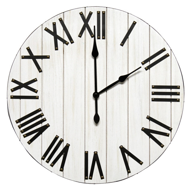Add a vintage look to your home with the Elegant Designs Handsome Rustic Farmhouse Wood Wall Clock. Sturdy metal Roman numerals decorate the face of this clock, adding a touch of elegance.  Made from sturdy wood.  Features metal pinned Roman numerals.  Brackets for hanging included on the back.  Requires a AA battery (not included).  Backed by the manufacturers 1-year limited warranty.